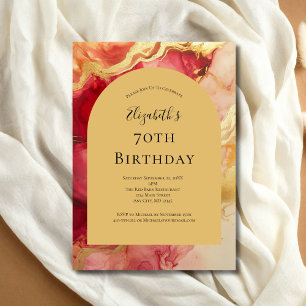 Invitación Tinta Alcohólica Arco Rojo Dorado Cumpleaños 70 Pa