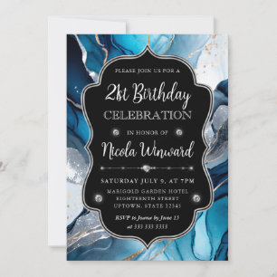 Invitación Tinta Alcohólica Azul, Plateada y Dorada Cumpleaño