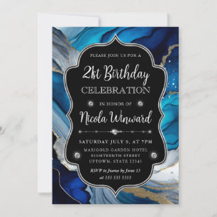 Invitación Tinta Alcohólica Azul, Plateada y Dorada Cumpleaño
