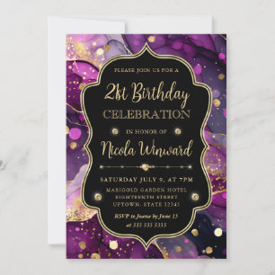 Invitación Tinta Alcohólica Brillante Morado y Dorado Cumplea