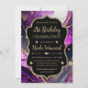 Invitación Tinta Alcohólica Brillante Morado y Dorado Cumplea