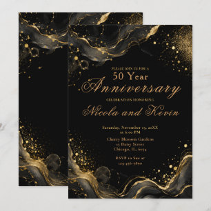 Invitación Tinta Alcohólica Elegante Negra Dorada 50 Aniversa