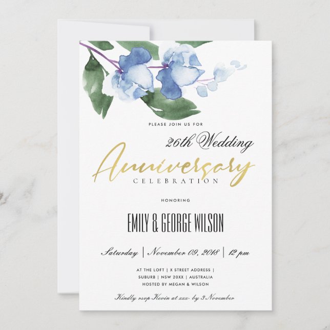 INVITACIÓN TINTA AZUL VERDE LAVADO ACUARELA FLORAL ANIVERSARI (Anverso)