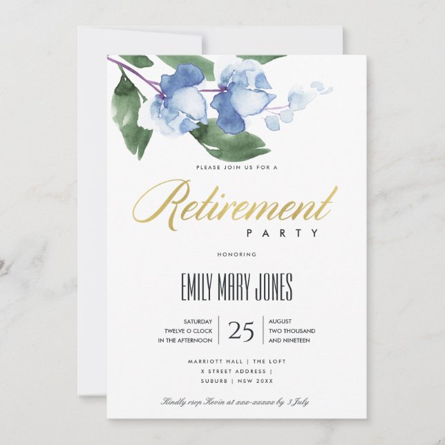 INVITACIÓN TINTA AZUL VERDE LAVADO ACUARELA FLORAL JUBILACIÓN (Anverso)