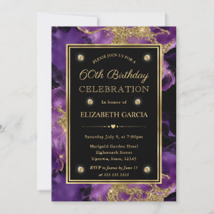 Invitación Tinta Brillante de Morado y Dorado Elegante Cumple