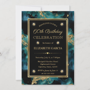 Invitación Tinta Brillante Turquesa y Dorada Elegante Cumplea