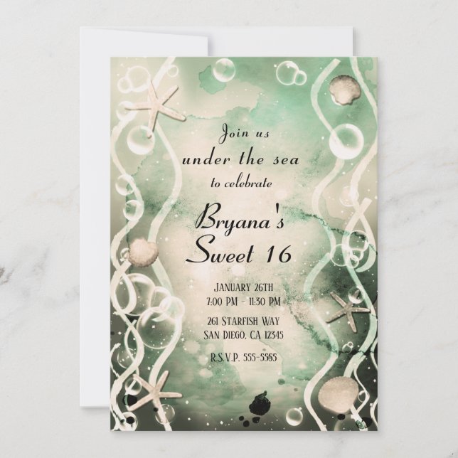 Invitación Tinta de acuarela Salpicadura de oliva bajo el mar (Anverso)