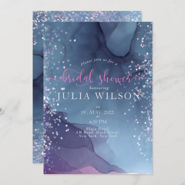 Invitación Tinta de alcohol azul y púrpura con brillo místico (Anverso / Reverso)