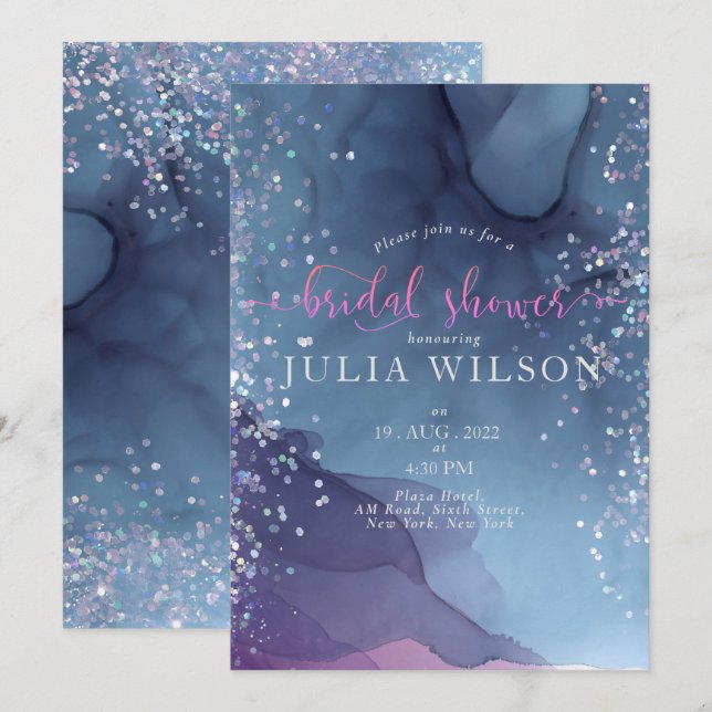 Invitación Tinta de alcohol azul y púrpura con mística purpur (Anverso / Reverso)