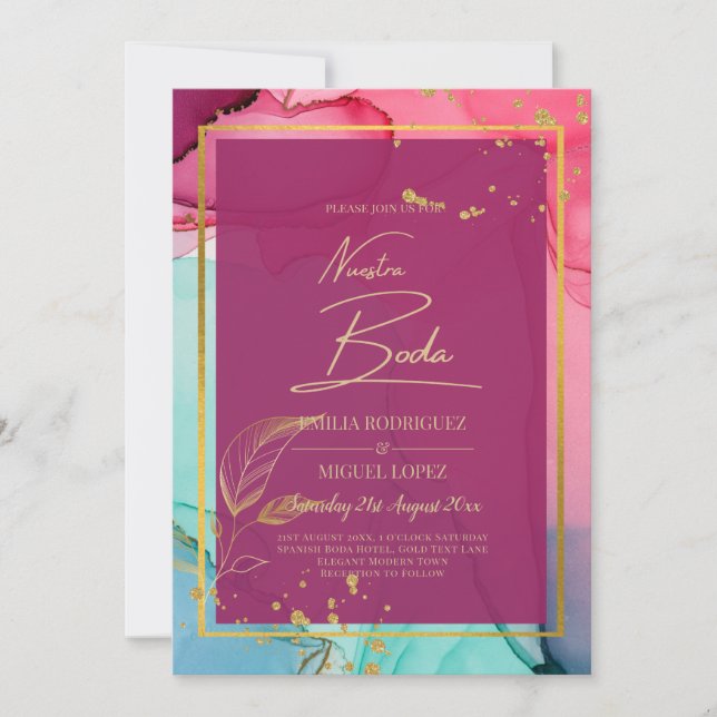 Invitación Tinta de alcohol de BODA de ORO turquesa de PINK i (Anverso)
