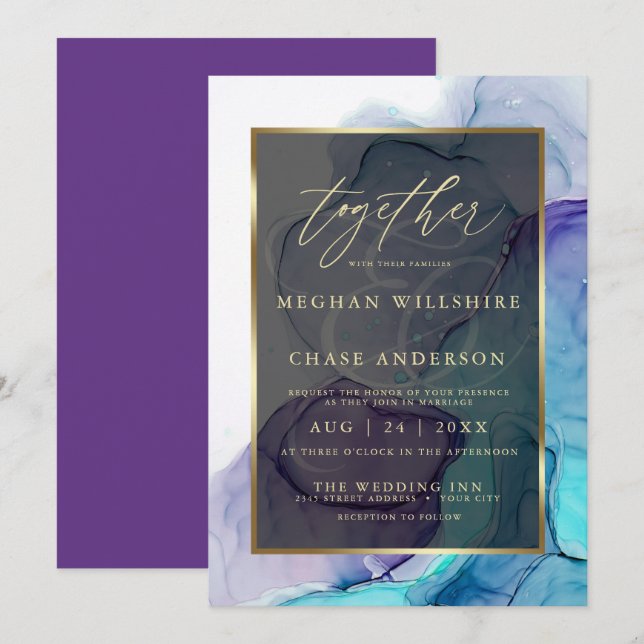 Invitación Tinta de alcohol púrpura profunda Verde azulada Aq (Anverso / Reverso)