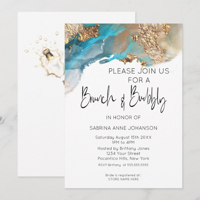 Invitación Tinta de brunch y bubbly turquesa y dorada (Anverso / Reverso)