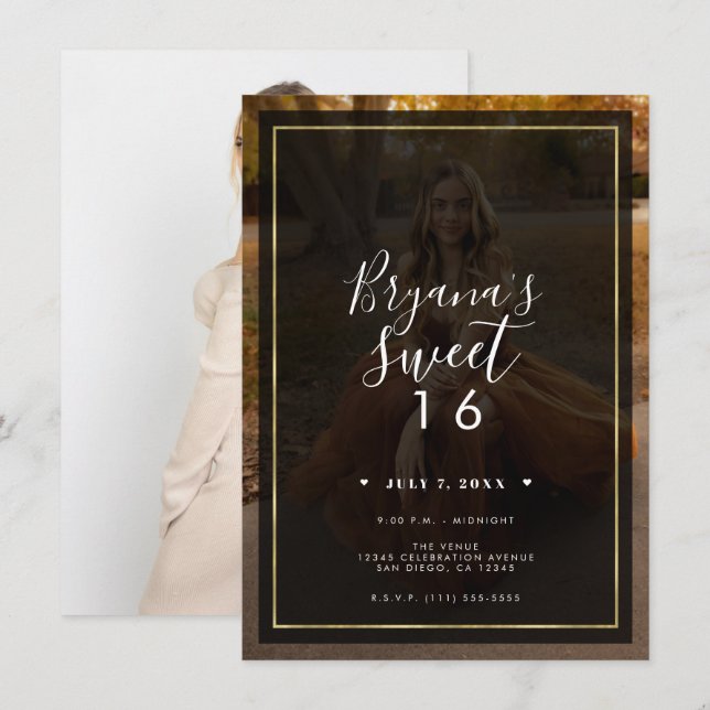 Invitación Tinta de foto oscura superpuesta dorada dulce mode (Anverso / Reverso)