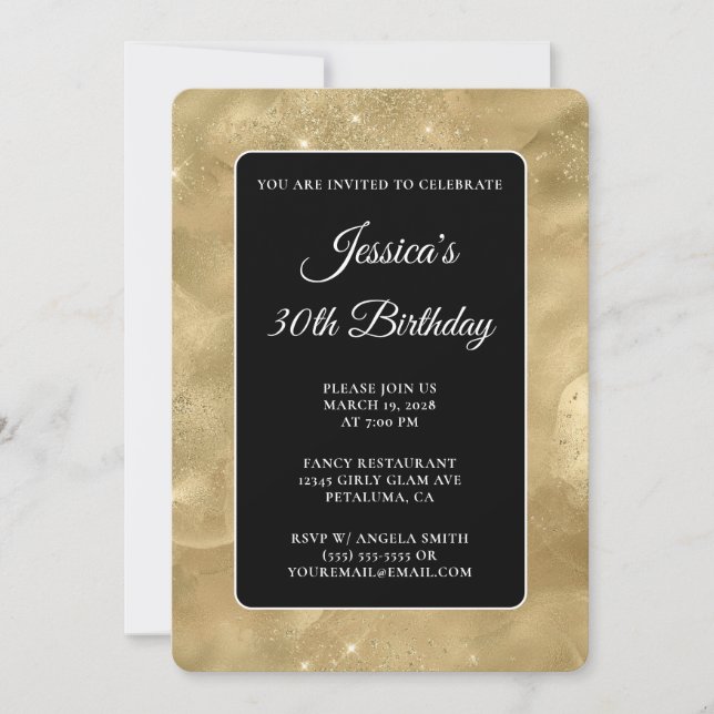 Invitación Tinta de oro negra y Purpurinoso 30 cumpleaños (Anverso)