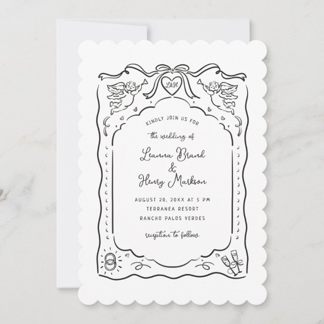 Invitación Tinta de querubines ilustrados a mano con corazone (Anverso)