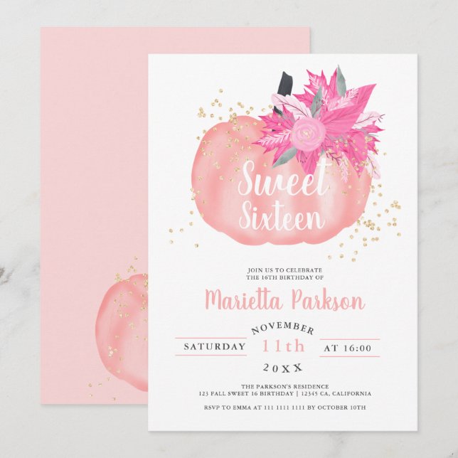 Invitación Tinta dorada de calabaza rosa floral otoño Sweet 1 (Anverso / Reverso)