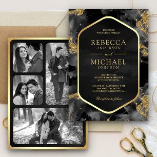 Invitación Tinta Fluida Abstracta Carbón Dorado Foto Boda