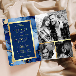 Invitación Tinta Fluida Azul Real Dorada Código QR Boda