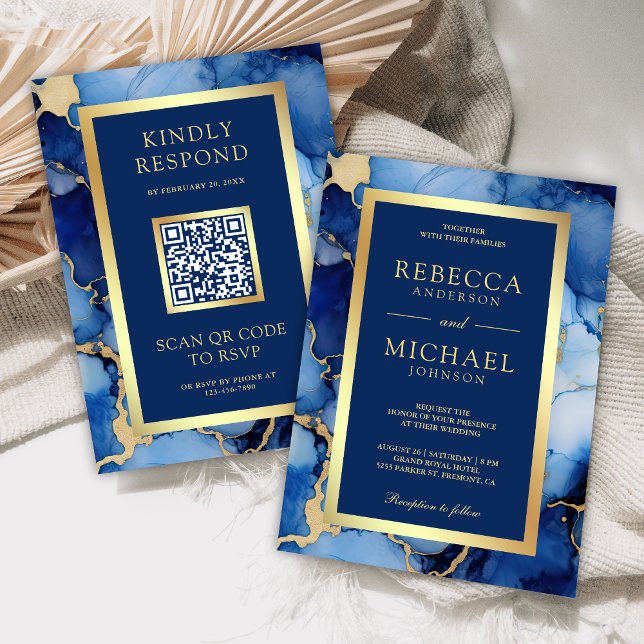 Invitación Tinta Fluida Azul Real Dorada Código QR Boda (Subido por el creador)