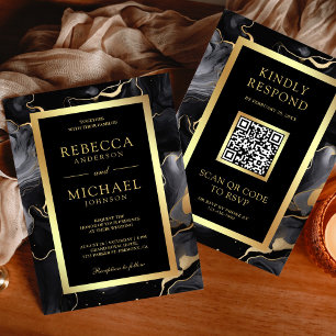 Invitación Tinta fluida de oro negro Código QR Boda