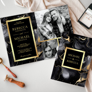Invitación Tinta fluida de oro negro Código QR Foto Collage B