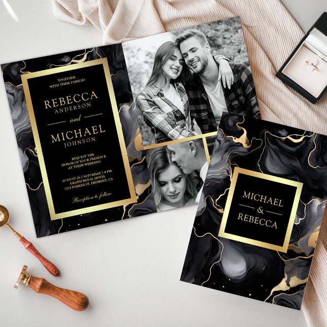 Invitación Tinta fluida de oro negro Código QR Foto Collage B (Subido por el creador)