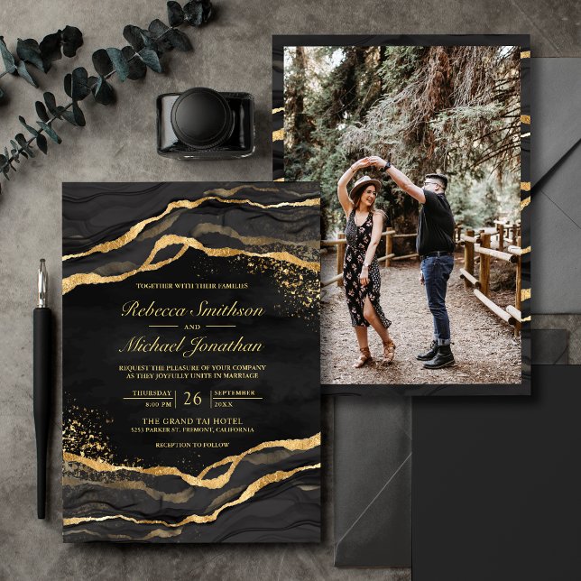 Invitación Tinta fluida de oro negro Foto Boda (Subido por el creador)