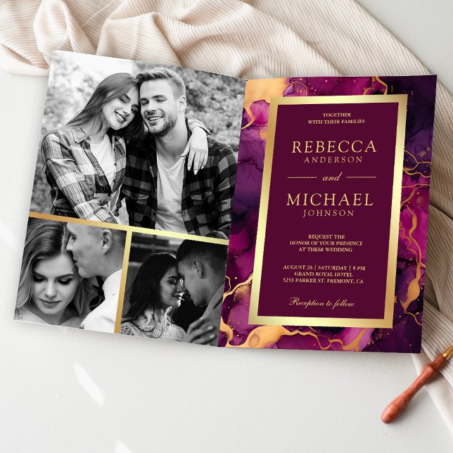 Invitación Tinta Fluida Morado Ciruela Oro Código QR Boda (Subido por el creador)