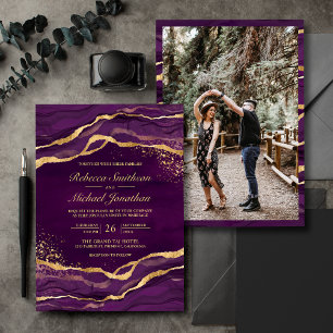Invitación Tinta Líquida Dorada Púrpura Foto Boda