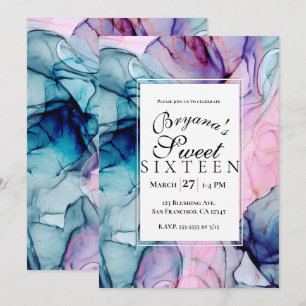Invitación Tinta Purpura Rosa Verde Etéreo Moderno Glamour Du