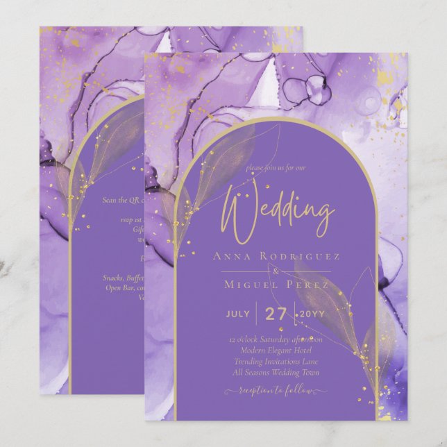 Invitación Tinta Resumen PURPLE GOLD Lavender Wedding INVITE (Anverso / Reverso)