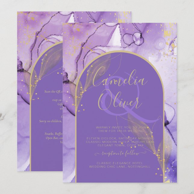 Invitación Tinta Resumen PURPLE GOLD Lavender Wedding INVITE (Anverso / Reverso)