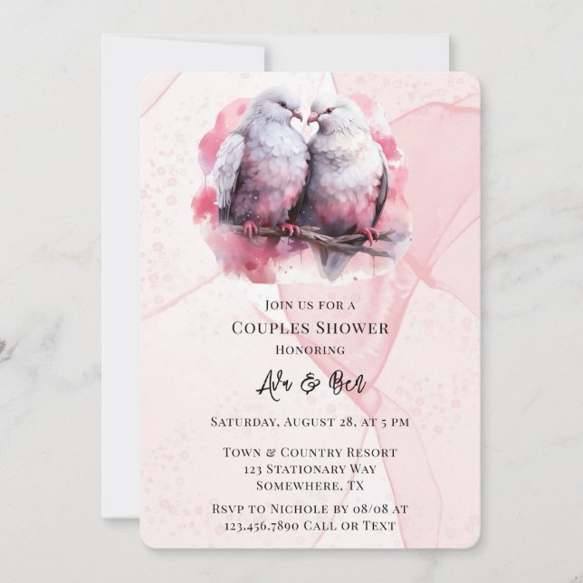 Invitación Tinta rosa de alcohol Dos Aves de Amor Ducha Parej (Anverso)
