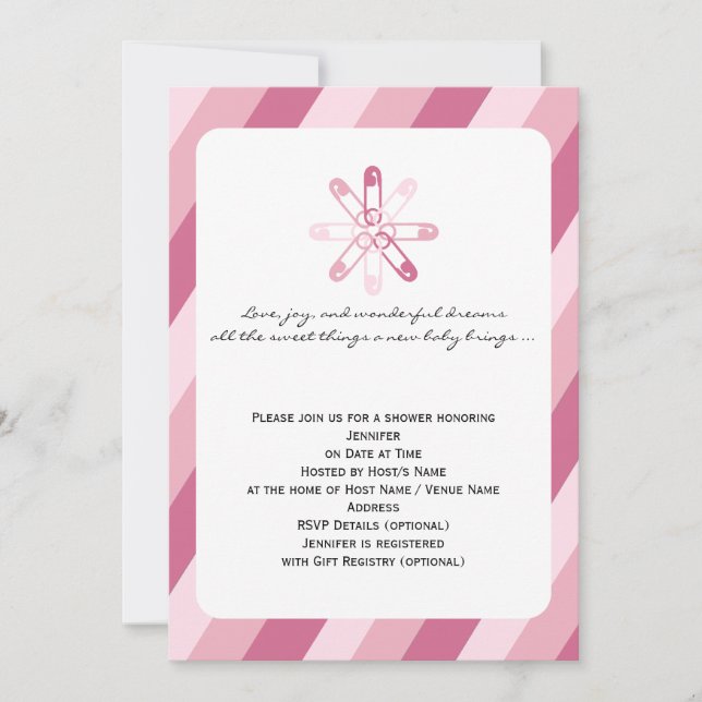 Invitación Tinta rosa Diaper Pin Baby Shower (Anverso)