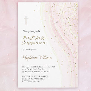 Invitación tinta rosa pastel y brillo FAUX   Primera Comunión