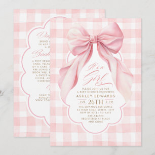Invitación Tinte de lazo rosa Gingham niña Baby Shower Todo e
