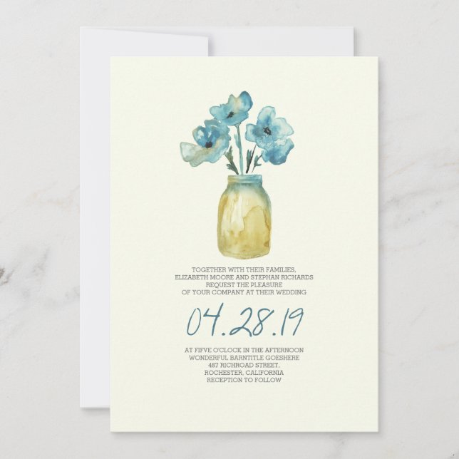 Invitación tinte de masón floral azul acuarela boda rústico (Anverso)