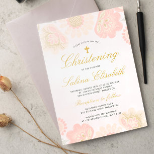 Invitación Tinte Rosa Floral Cruz Dorada Bautizo de Niña