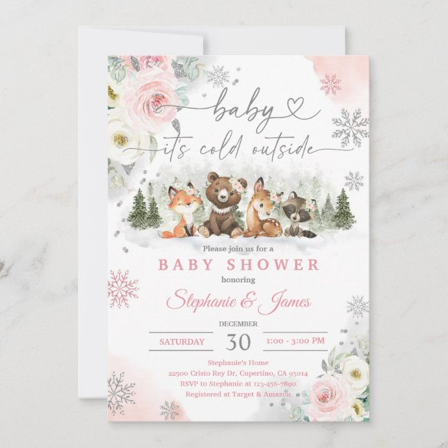 Invitación Tinte Rosa Invierno Bosque Baño de Bebé (Anverso)