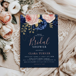 Invitación Tinte Rosa y Florales Azules de Medianoche Despedi