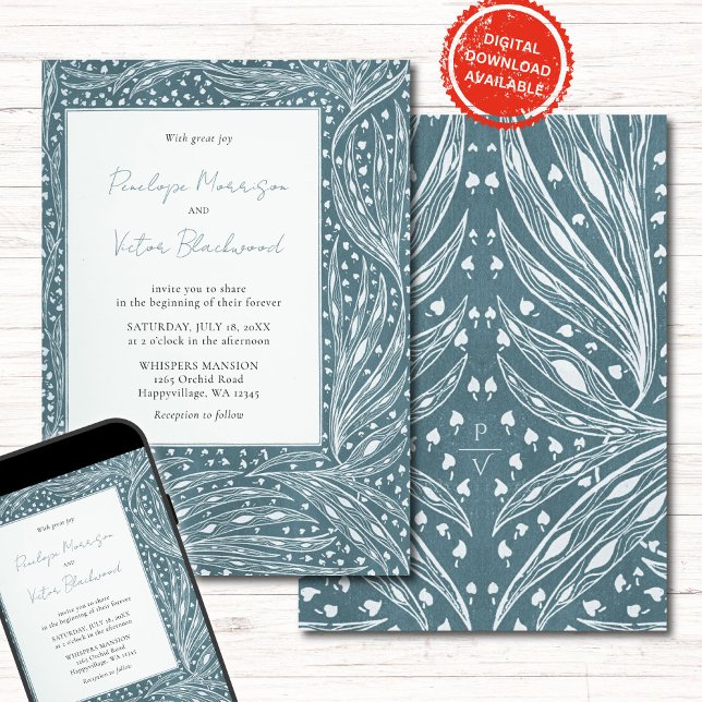 Invitación Tiny Heart Leaves Frame on Teal Wedding Invitation (Subido por el creador)