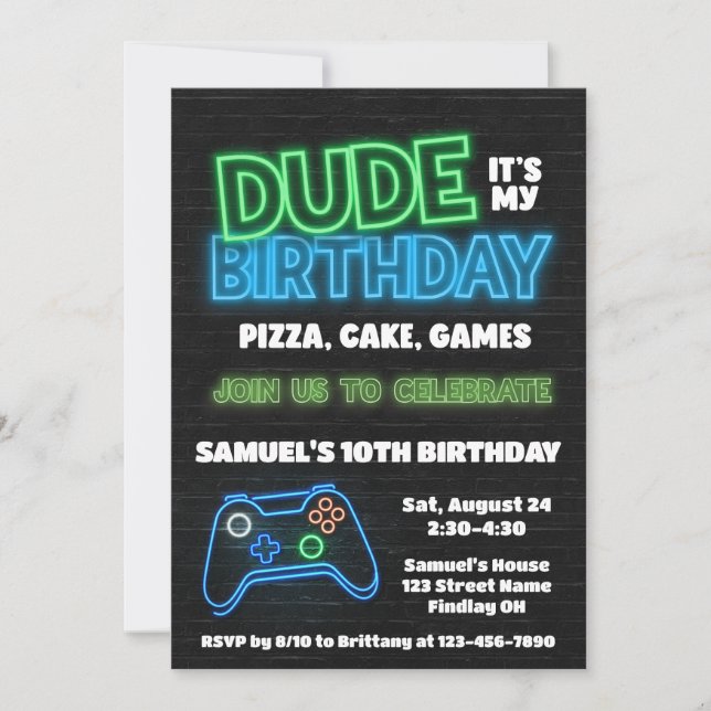 Invitación Tío, es mi Fiesta de los Juegos de Pastel de Pizza (Anverso)