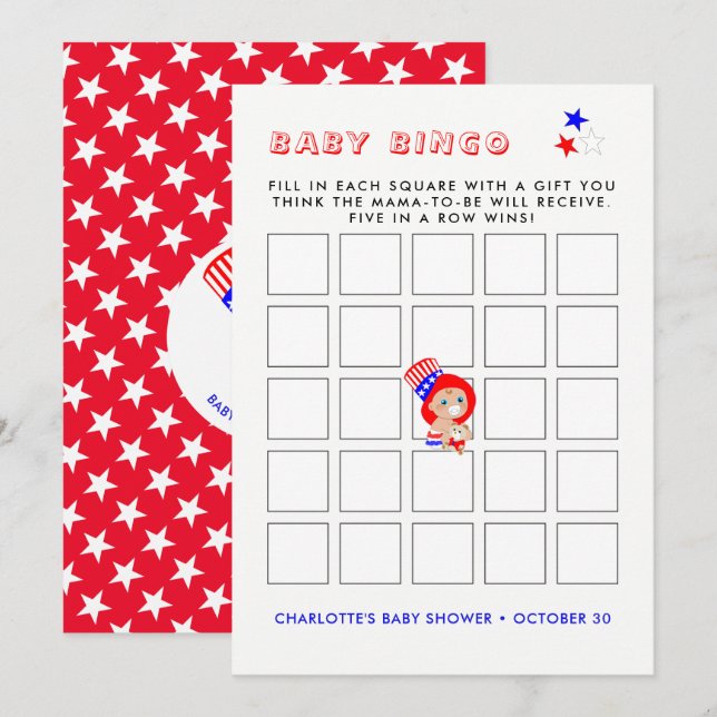 Invitación Tío patriótico Sam American Baby Shower Bingo (Anverso / Reverso)