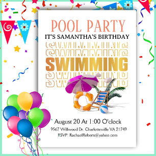 Invitación Tipeografía Palabra Art Pool Fiesta Cumpleaños