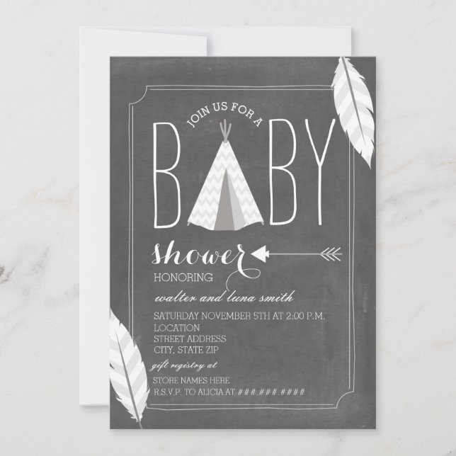 Invitación Tipi blanco + Plumas Baby Shower (Anverso)
