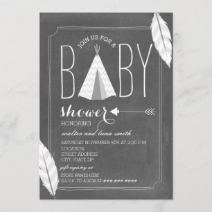 Invitación Tipi blanco + Plumas Baby Shower