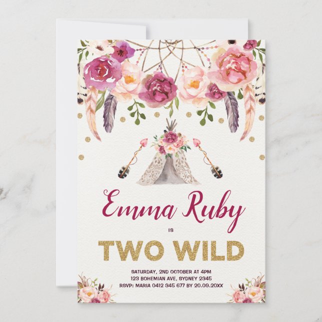 Invitación Tipi SALVAJE del cumpleaños DOS florales de Boho (Anverso)