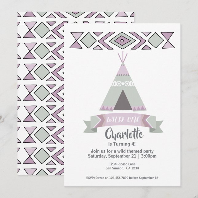 Invitación Tipi Tribal Cumpleaños Wild One (rosa) (Anverso / Reverso)