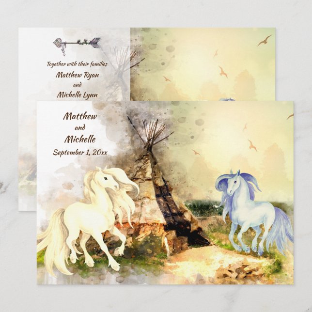 Invitación Tipi tribal y caballos en amor Boda de Boho Teepee (Anverso / Reverso)