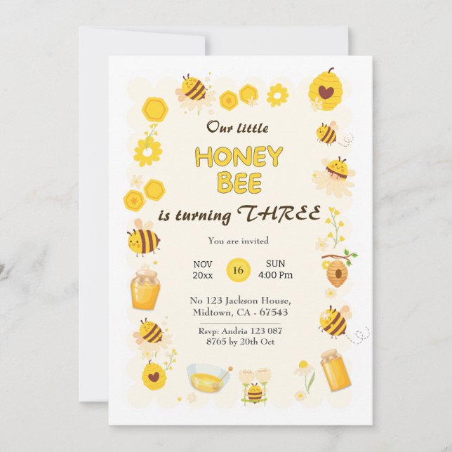Invitación Típico adorable Honey Bee tema de 3 años (Anverso)